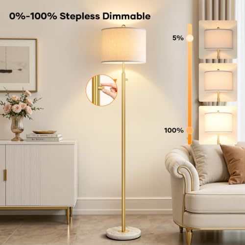 Nintiue Dimmable Gold Floor Lamp, Turkish Marble Base, White Linen Shade | Turkish marble base, 0-100% stepless dimming, 11W 2700K bulb, white linen shade, Non-Slip Base, 64.6 in tall, save space - color: Gold-Marble-Line Shade