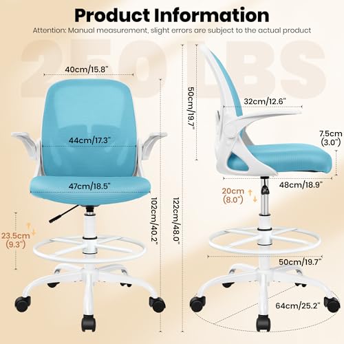 Primy Drafting Chair Tall Office Chair with Flip-up Armrests Executive Ergonomic Computer Standing Desk Chair with Lumbar Support and Adjustable Footrest Ring（Blue） - color: Blue, size: 934-Z