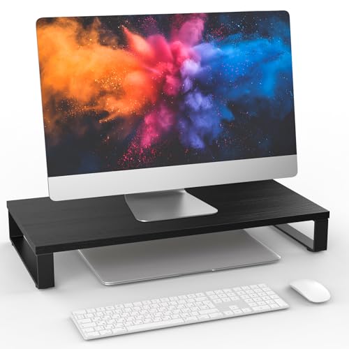 XINYAO Wood Monitor Stand Riser for Desk, 24x12x3 inch, Black | Sturdy wooden & steel computer monitor riser; ergonomic height reduces neck strain; Organizer for Office Laptop, PC, Printer