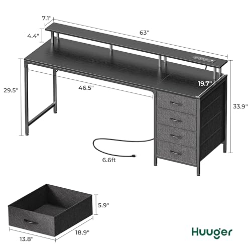 Huuger 63 Inch Computer Desk with Power Outlets and LED Lights, Gaming Desk with 4 Drawers, Office Desk with Monitor Stand, Study Desk Work Desk for Home Office, Black - color: Black, size: 63 INCH