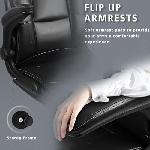 LEMBERI Flip-up Arms Office Desk Chair Big and Tall Managerial Executive Chair, High Back Computer Chair Ergonomic Adjustable Height PU Leather Chairs with Armrest for Long Time Sitting - color: New Black