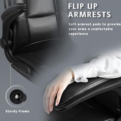 LEMBERI Flip-up Arms Office Desk Chair Big and Tall Managerial Executive Chair, High Back Computer Chair Ergonomic Adjustable Height PU Leather Chairs with Armrest for Long Time Sitting - color: New Black