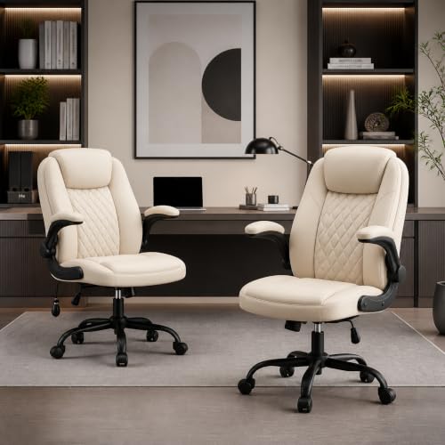 MALOL Leather Office Chair with Adjustable Lumbar Support Set of 2, Beige - color: Beige-new, size: Set of 2