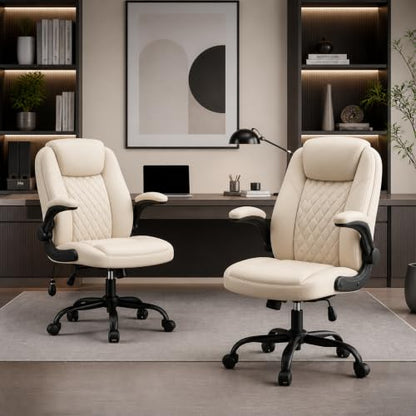 MALOL Leather Office Chair with Adjustable Lumbar Support Set of 2, Beige - color: Beige-new, size: Set of 2