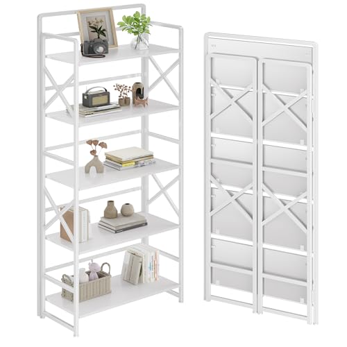 Folding Bookshelf 5 Tiers,No Assembly,Industrial Metal Storage,White | Vintage Wood Collapsible Foldable Bookcase,Metal Storage Rack Organizer for Living Room, Bedroom, Home Office - color: White-xx, size: 5-tier