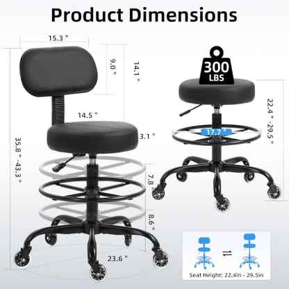 Finnhomy Drafting Chair with Footrest, Tall Office Chair with Back Support, Adjustable Seat Height (22"-30") Heavy Duty Stool with Wheels for Home Kitchen Bar Tattoo Spa Salon Desk, Black - color: Black