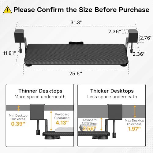 BONTEC Under Desk Keyboard Tray, Pull-Out Keyboard & Mouse Platform | C-Clamp Mount, Space-Saving Ergonomic Slide-Out Drawer, 31.3 in Including Clamps, 25.6 x 11.8 in Tray, Black Carbon Fiber - color: Black Carbon Fiber, size: 25.6" x 11.8"