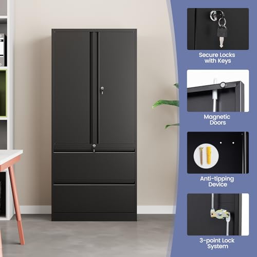 2 Drawer Lateral File Cabinet, Office Storage Cabinet with 2 Wide&Deep Drawers and Locking Doors, Black Metal Cabinet with Adjustable Shelves for Home Office, Fits A4/Letter/Legal Size Folders