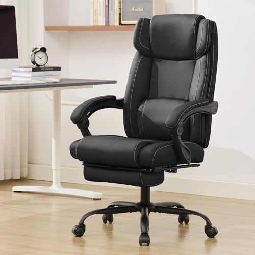 Reclining Office Chair with Footrest,Ergonomic Home Office Desk Computer Chair with Lumbar Support,Thick Executive Leather Chair,90-155° Adjustable (Black) - color: Black