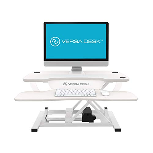 Power Pro Electric Height-Adjustable Desk Riser by VersaTables | USA Manufactured | Standing Desk Converter | Sit to Stand Desktop with Keyboard + Mouse Tray | 36"x 24" | White - color: White