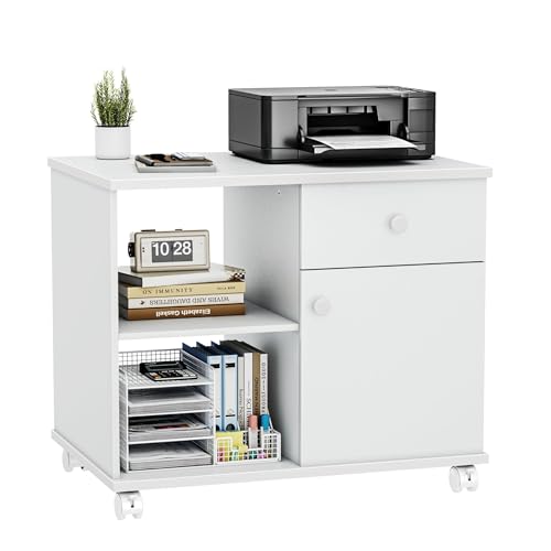 Quikraen Wooden Rolling File Cabinet with Open Shelves & Lockable Door, 23.6" Mobile Storage Cabinet on Wheels, Lateral Office Filing Cabinet with Drawer for Home Office, White - color: White