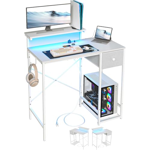 X-cosrack 33.5" Small Computer Desk with Monitor Stand & Outlets, Small Gaming Desk with LED Light & CPU Stand, Teen Study Writing Table with Storage Drawer, Side Hooks for Bedroom, Home Office White - color: White, size: 33.5" with Monitor Stand