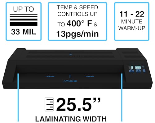 Apache Professional Laminator, Thermal Pouch, 25.5 Inch Max Width, 1.5-33 Mil, True Anti-Jam Technology, School & Office Lamination Machine, Variable Speed & Temperature, Fast Output, Robust Design - color: 26" Black