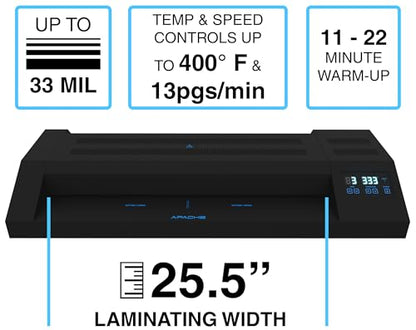 Apache Professional Laminator, Thermal Pouch, 25.5 Inch Max Width, 1.5-33 Mil, True Anti-Jam Technology, School & Office Lamination Machine, Variable Speed & Temperature, Fast Output, Robust Design - color: 26" Black