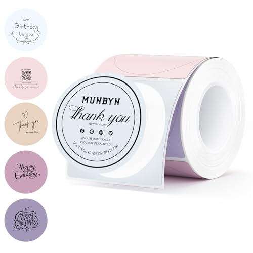 MUNBYN 130B Bluetooth Thermal Label Printer+2 Inch Round Thermal Labels+Pink Label Holder