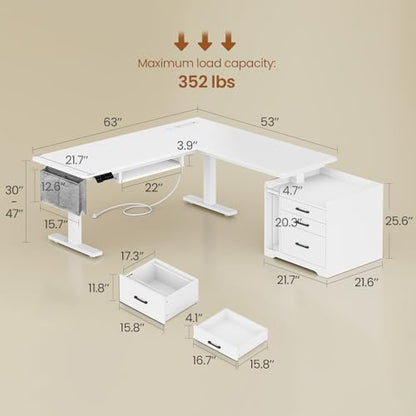 SEDETA L Shaped Electric Standing Desk with File Cabinet, 63 x 53'' Height Adjustable Home Office Computer Desk with Drawers, Power Outlet, Stand up Gaming Table with Led Lights, Keyboard Tray, White - color: White, size: 63 x 53'' L Shaped Standing Desk