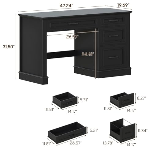 Halitaa Farmhouse 47" Executive Desk with File Drawer, Pure Black - color: Pure Black, size: Style 2