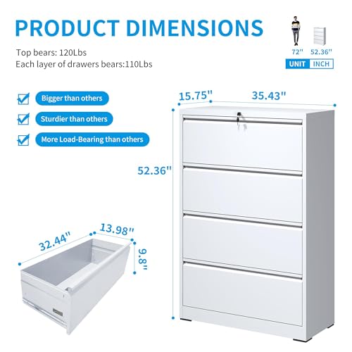 Industrial 36" W Premium Lateral File Cabinet with Lock, Metal Filing Cabinets, Adjustable Hangrails for A4, Legal, Letter Files, White - color: White, size: W36" - 4 Drawers
