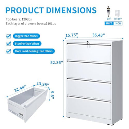 Industrial 36" W Premium Lateral File Cabinet with Lock, Metal Filing Cabinets, Adjustable Hangrails for A4, Legal, Letter Files, White - color: White, size: W36" - 4 Drawers
