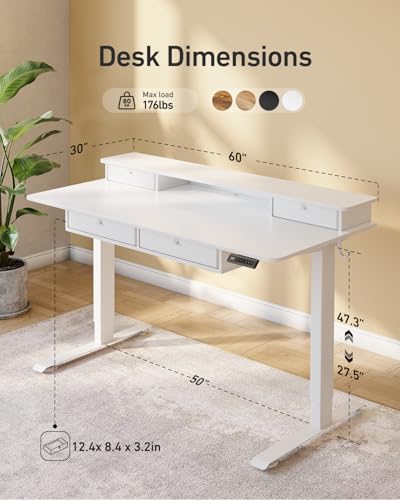 CubiCubi 60" x 30" Standing Electric Desk with Drawers, White - color: White, size: 60 inch
