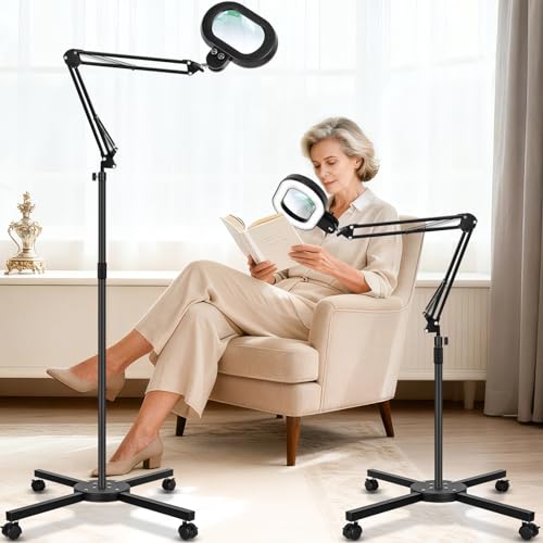 KIRKAS Magnifying Glass with Light and Stand, 12X Real Glass Lens | Infinite Color Dimmable, 2 in 1 Lighted Magnifier Floor lamp for Workbench, Craft, Sewing, 4 Wheel Rolling Stable Base Black - color: Black