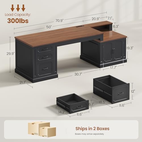 SEDETA Farmhouse 70.9" Executive Desk, Home Office Desk with File Drawers and Storage Cabinet, Computer Desk with Power Outlet for Home Office, Work Study Writing, Black+Brown - color: Black+brown, size: 70.9" Executive Desk