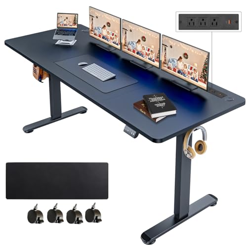 71''×28'' Electric Standing Desk with Power Outlets & Wheels, Black - color: Black, size: 71×28''