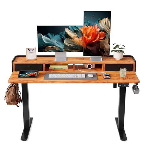 YIHAYO Electric Standing Desk with Drawers, 55 x 24 Inches Adjustable Desk with Storage Shelf, Stand Up Desk with Splice Board, Computer Table for Home Office, Black Frame/Rustic Brown Top - color: Black Frame/Rustic Brown Top, size: 55*24 Inch
