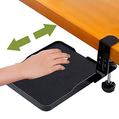 FUZADEL Ergonomic Mouse Tray Desk Attachment Mouse Platform Slide Out Extension Clamp On Wrist Rest Pad Under Desk Shelf (Black)