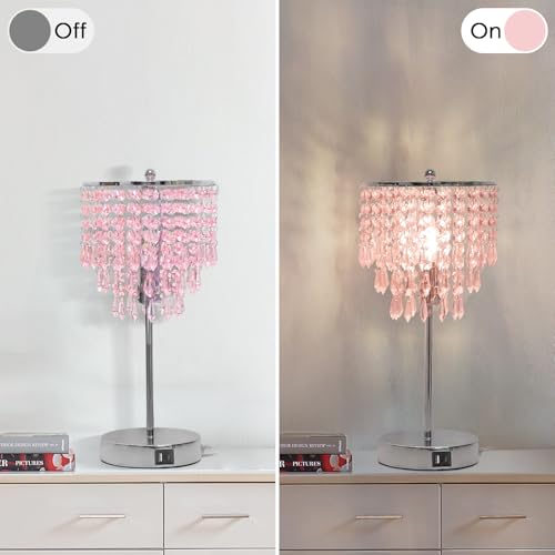 Touch Bedside Lamp with USB C+A Ports, Silver with Pink Crystal Shade - color: Pink
