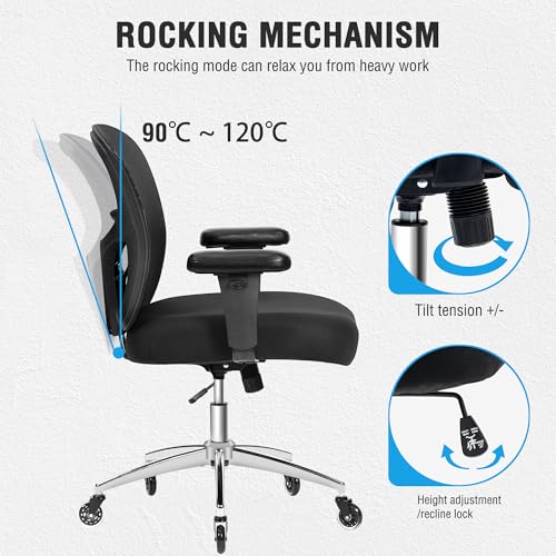 Big and Tall Office Chair 600lbs, Heavy Duty Ergonomic Mesh Chair, Computer Executive Desk Chair with Wide Thick Seat, Adjustable Armrests, Lumbar Support (Black, 600LBS) - size: 600LBS