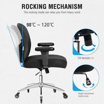 Big and Tall Office Chair 600lbs, Heavy Duty Ergonomic Mesh Chair, Computer Executive Desk Chair with Wide Thick Seat, Adjustable Armrests, Lumbar Support (Black, 600LBS) - size: 600LBS