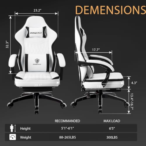 Dowinx Gaming Chair Breathable PU Leather Gamer Chair with Footrest Massage Lumbar Support, Big and Tall Ergonomic Reclining Computer Chair with Pocket Spring Cushion for Adults Teens (Black&White) - color: Black&white
