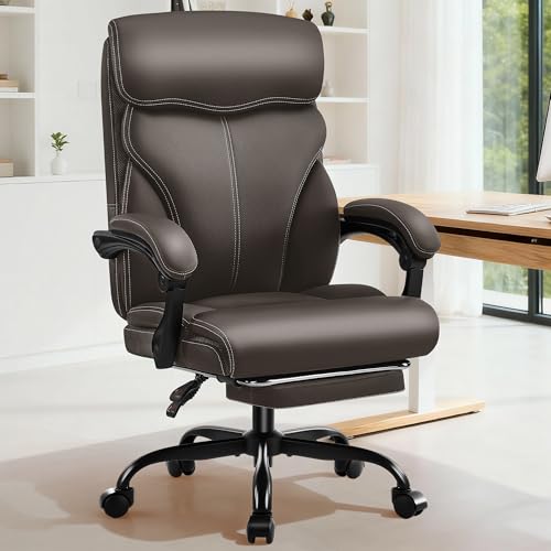 AreShark Office Chair - Ergonomic Comfortable High Back Computer Desk Chair with Foot Rest - Executive Breathable Swivel Rolling Reclining Leather Chair with Lumbar Support for Home Gaming Relaxing - color: Dark Brown