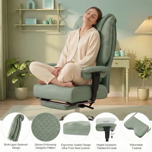 EXCEBET Big and Tall Office Chair 400lbs Wide Seat, Leather High Back Executive Office Chair with Foot Rest, Ergonomic Chairs Lumbar Support for Lower Back Pain Relief (Light Green) - color: Bright Green