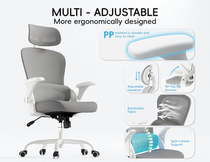 TRALT Office Chair - Ergonomic Desk Chair with Headrest Support for Adults | Home Office Desk Chair with Lumbar Support - Ergonomic Mesh Chairs 330 lb Wide Seat with Headrest, Comfy Desk Chair(Grey) - color: Grey