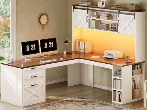 SEDETA 67" Farmhouse L Shaped Desk with Hutch, White+Brown - color: White and Brown, size: L Shaped Desk with Hutch (67")
