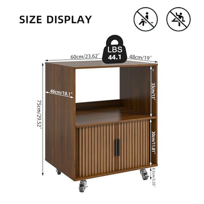3-Tier Printer Stand, Fluted Rolling Printer Table with Storage, Walnut