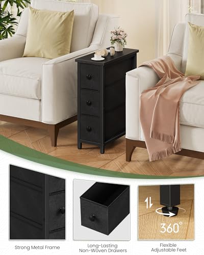 Narrow Side Table with 3 Fabric Drawers, Industrial Slim Bedside Table for Small Spaces, Bedroom, Living Room, Dormitory, Black TBZ09BB - color: Black