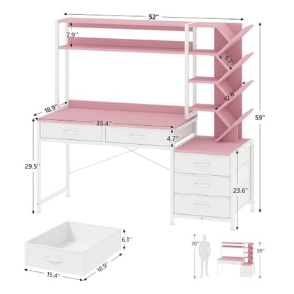 YOMILUVE 52" Computer Desk with Bookshelf, 5 Drawers ＆ Hutch for Bedroom | Pink Office Desk with Printer Shelf, Study Writing Desk with Storage Shelves - color: Pink