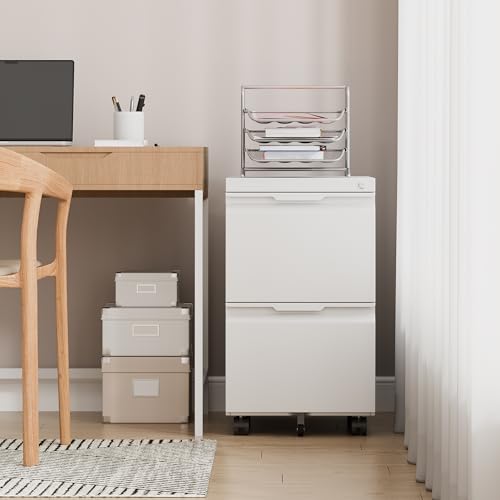 File Cabinet 2 Drawers on Wheels Under Desk,Locking Filing Cabinets for Home Office,Metal Vertical Files Drawers,Small Rolling Cabinet Printer Stand for Legal/Letter/A4( Assembly Required-White) - color: White, size: 2 Drawer-Mobile
