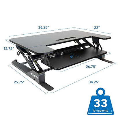 Mount-It! Standing Desk Converter - Height Adjustable Stand Up Desk with Gas Spring Riser - Wide 36 Inch Sit Stand Workstation Fits Dual Monitors – Black (MI-7926)