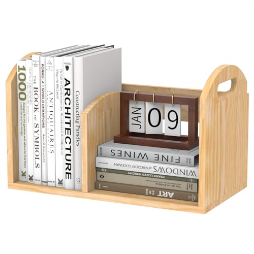 100% Solid Wood Adjustable Desktop Bookshelf, Retro Tabletop Book Shelf File Holder, Vertical Bookshelf Divider Desk Shelf for Home School Office Organization, Perfect for Books, Cookbooks, Magazine - color: Burlywood