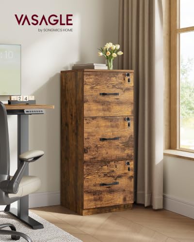 VASAGLE 3 Drawer File Cabinet with Locks, for A4, Letter Sized Documents - color: Rustic Brown, size: 3 Drawers