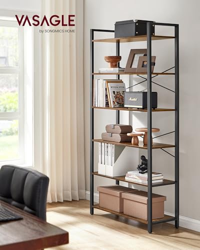 VASAGLE 6-Tier Bookshelf, Bookcase with Steel Frame, Book Shelf for Living Room, Home Office, Study, 11.8 x 31.5 x 73.2 Inches, Industrial Style, Rustic Brown and Ink Black ULLS082B01 - color: Rustic Brown + Ink Black, size: 6 Tiers (11.8"D x 31.5"W), sty