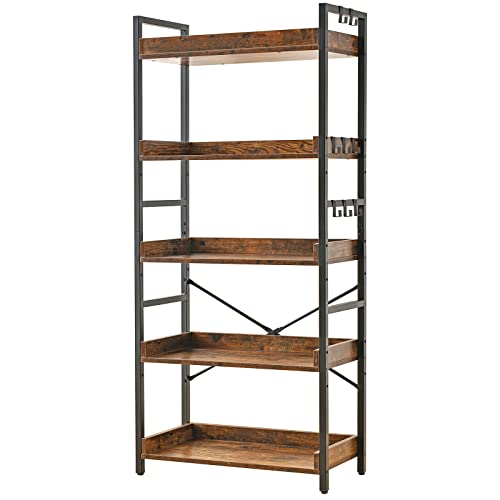 HCHQHS Adjustable 5 Tier Open Bookcase, Rustic Farmhouse Book Shelves, Industrial Wood and Black Metal Bookshelves, Mid Century Bookcase for Home Office Living Room Bedroom - color: Rustic Brown, size: 5-Tier (24"W x 57"H)