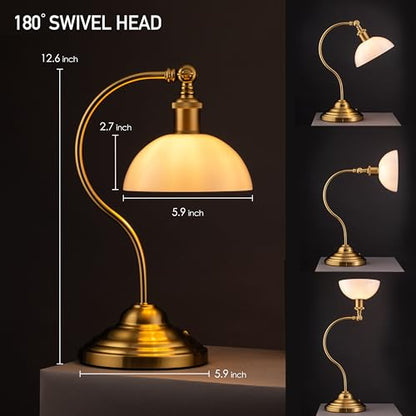 O'Bright Bankers - Cordless LED Table Lamp, Battery-Operated, Rechargeable, 3-Level Dimming, Universal USB-C Charging, 180° Swivel Head, White Jade Glass Shade, Antique Brass - color: Antique Brass-White Glass