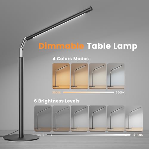 Metal LED Desk Lamp, 16" Dimmable Desk Light with Base, 15W 1200LM, Adapter Included, Color & Brightness Adjustable, Modern Tall Table Lamp for Home Office Reading Study Task Laptop, Black - color: Black