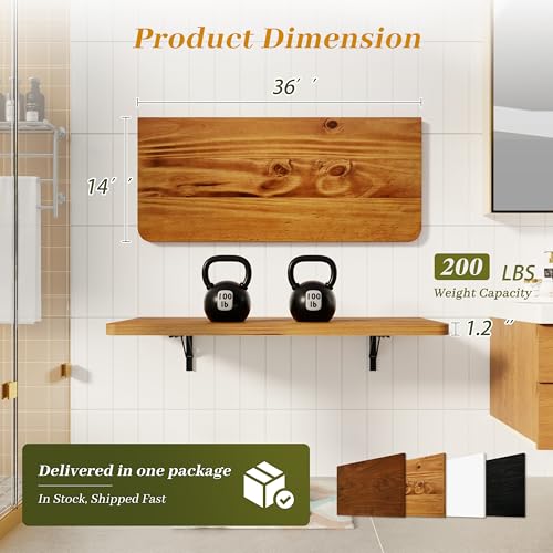 Dogsky Floating Wall Desk 36" x 14" - 200 lbs Heavy Duty Solid Pine - color: Golden Brown, size: 36" x 14"