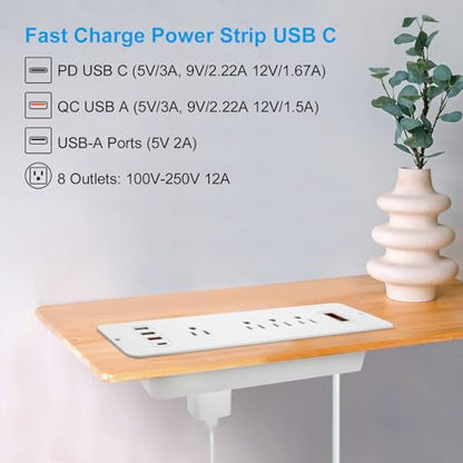 8 Outlets Dual Side USB C Recessed Power Strip Flush Mount Charging Station Built in Desk Multiple Power Socket for Furniture Cabinet Table Conference (White) - color: White